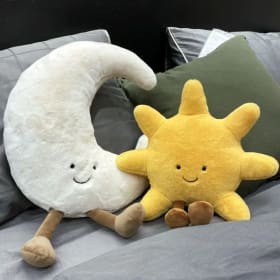 Adorable cara sonriente, Luna blanca, sol amarillo, peluche, lindo juguete de peluche meteorológico de dibujos animados para decoración de dormitorio de niños, almohada para sofá