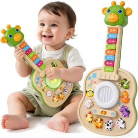 Guitarra Electrónica para Niños, Piano para Bebés con Sonidos de Animales, Reconocimiento de Colores, Luces y Melodías, Juguete Educativo, Jirafa Verde