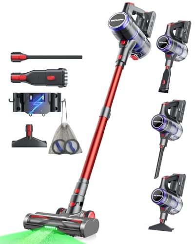 VACTechPro 48000Pa/550W/70Min Aspiradora sin Cable, 1.6L Escoba Aspirador sin Cable con Filtración de 8 Capas, Súper Silencioso Aspirador Vertical con Cepillo Antienredos, Aspiradora, Rojo Oscuro