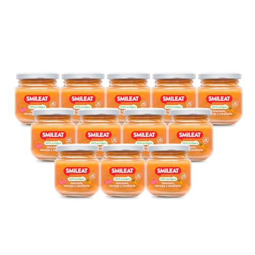 Smileat - Tarritos Ecológicos de Frutas (Manzana, Naranja y Zanahoria) - Pack 12 x 130 g (1560 g) | Sin Gluten | Ingredientes 100% Naturales | Ideal desde 4 Meses