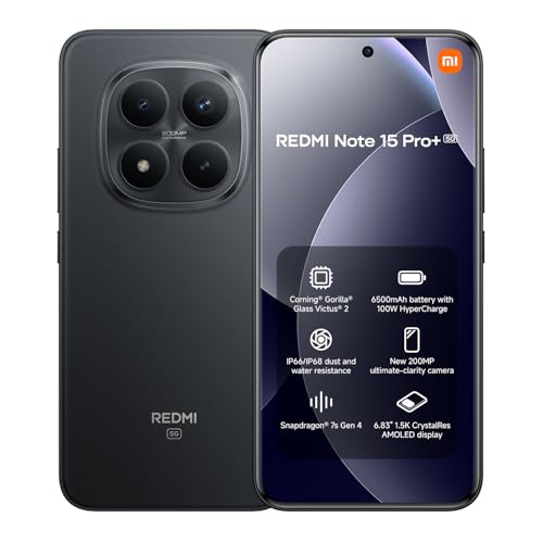 XIAOMI REDMI Note 15 Pro+ 5G - Smartphone de 8+256GB, Pantalla AMOLED 6,83" 1.5K AMOLED, Snapdragon 7s Gen 4, Cámara de 200 MP, Hypercharge 100W, Negro (Versión ES)