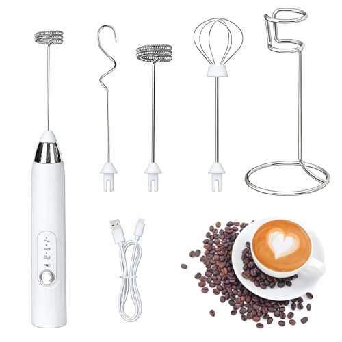Xynovate Espumador de Leche, USB Recargable batidor de leche electrico 3 Varillas Acero Inoxidable, Regulable en 3 Velocidades, Fácil Limpieza, Batidora de Leche Portáti, Blanca