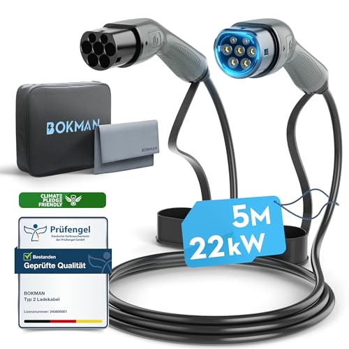 Bokman EV Cable de Carga Tipo 2, Modo 3 / 32A / 22kW / Trifásico / 5 Metros - Cable de Carga Rápida Híbrido Enchufable para Vehículo Eléctrico Tipo 2 a Tipo 2