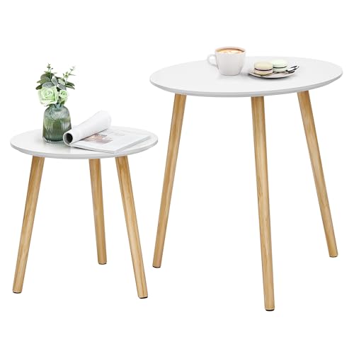 SONGMICS Mesa de Centro Redonda - Juego de 2 Mesas de Café Modernas, Estilo Escandinavo, Madera de Pino, Blanco y Natural (LET07WN)