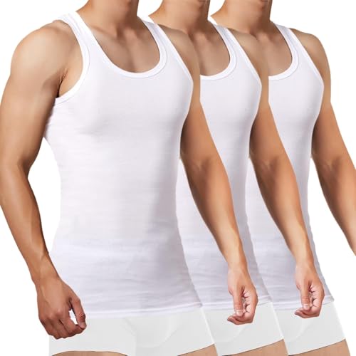 FALARY Camiseta de Tirantes para Hombre - Pack de 3 de Algodón 100% - Camisetas Básicas Interiores Blanco M
