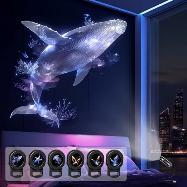 Proyector LED USB con 3/6 Patrones de Proyección - Lámpara Nocturna Ajustable con Diseños de Ballena, Mariposa, Medusa y Estrella de Mar, Regalo para Festivales