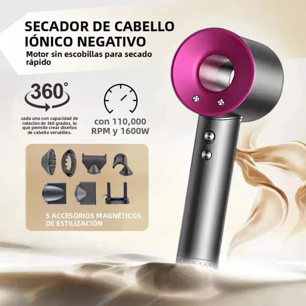 Secador de pelo sin aspas de alta velocidad, cuidado del cabello con iones negativos, alta potencia, silencioso y de secado rápido, portátil, adecuado para viajes y uso doméstico.