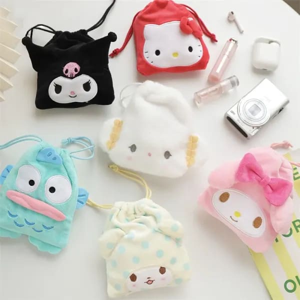 Bolsa de Felpa con Cordón de Sanrio, Hello Kitty, Kuromi, Melody, Cogimyun, Monedero Kawaii para Guardar Objetos Pequeños, Regalo de Cumpleaños para Niña