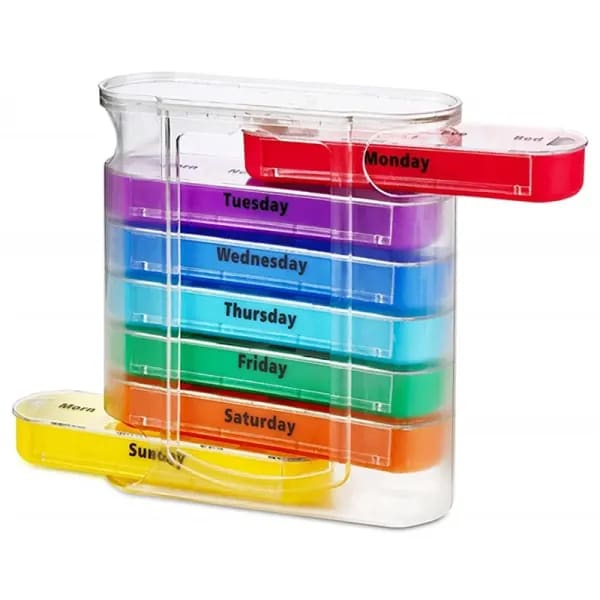 Dispensador de Pastillas Portátil y Colorido para 7 Días - Diseño Apilable con 4 Compartimentos por Día, Caja de Almacenamiento de Plástico