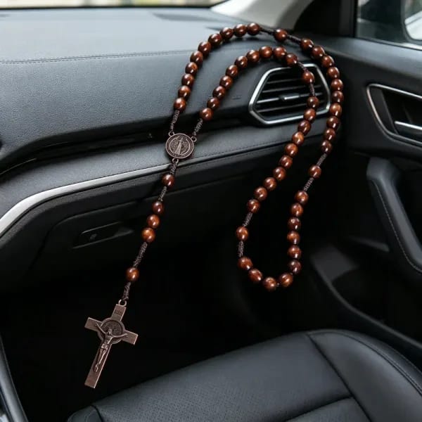 1 Pieza Collar de Cuerda Trenzada con Cuentas de Madera de Jesucristo de 8mm, Rosario, Cruz y Colgante para Coche, Joyería Religiosa Ortodoxa para Rezar
