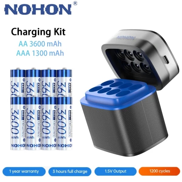 NUEVAS Baterías Recargables Nohon de 1.5V AA 3600mWh y AAA 1300mWh, Baterías de Litio Originales con Cargador para Reloj, Video, Radio, Juegos, Cámara