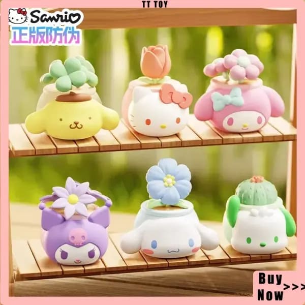 Sanrio-caja ciega de adorno de la serie de plantas en maceta, adorno de dibujos animados para chica bonita, melodía de gato Kt, Kuromi, decoración de oficina, regalos sorpresa