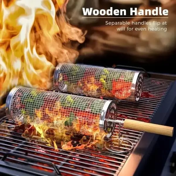 Juego de Cestas Redondas para Asar a la Parrilla, Jaula Giratoria de Acero Inoxidable para BBQ, Rejilla de Malla Metálica Cilíndrica para Asar, Esencial para Acampar al Aire Libre