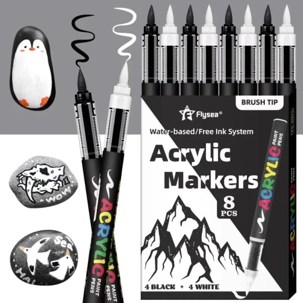 Juego de Marcadores de Pintura Acrílica Premium, 8 Piezas, Negro y Blanco, Gran Capacidad, para Ilustraciones, Manualidades, Vidrio, Madera, Textiles