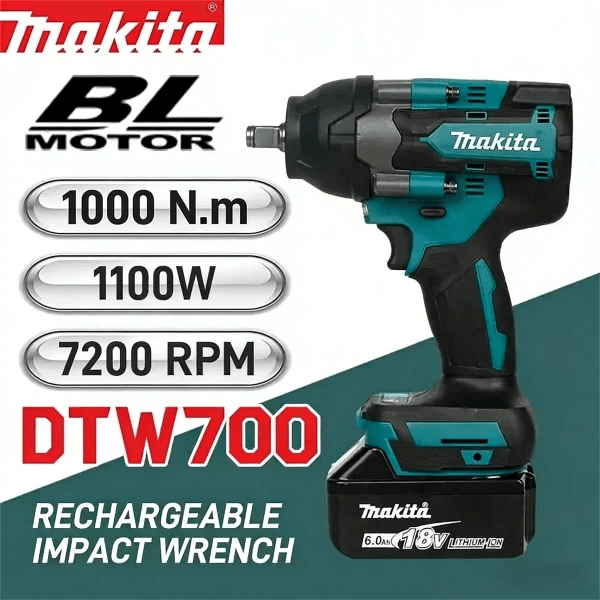 Llave de Impacto Eléctrica Inalámbrica Makita DTW700 sin Escobillas, 1/2 Pulgada, Compatible con Batería de 18V, Herramienta Eléctrica para Reparación Automotriz