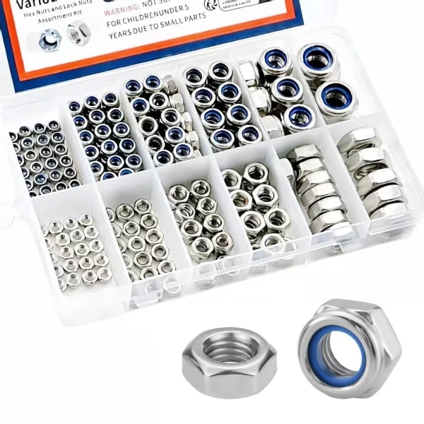 Kit Surtido de Tuercas de Seguridad y Tuercas Hexagonales M3 M4 M5 M6 M8 M10, 175 Piezas, Surtido de Tuercas de Seguridad con Inserto de Nylon y Tuercas Hexagonales Métricas
