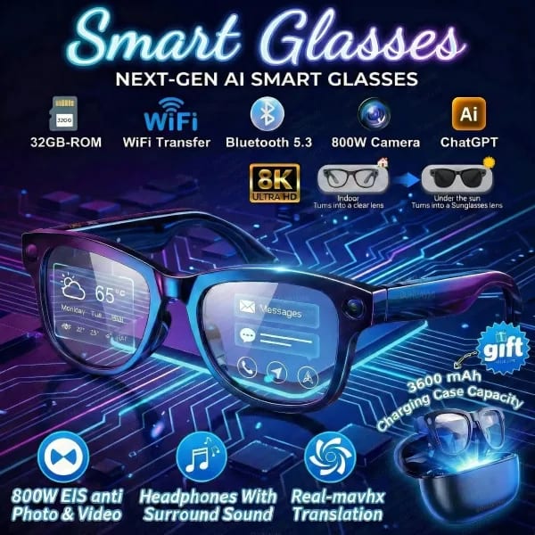 Gafas Inteligentes con IA 2026, Cámara 4K de 800W, Banco de Energía de 3600mAh, Memoria de 32GB, Traducción en Más de 120 Idiomas, ChatGPT, Música, Fotos y Video, Gafas de Sol para Hombre