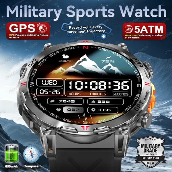 Nuevo Reloj Inteligente Deportivo GPS para Exteriores con Resistencia al Agua 5ATM, Brújula, Altímetro, Pantalla AMOLED de 1.56'', Monitor de Ritmo Cardíaco, Llamadas Bluetooth