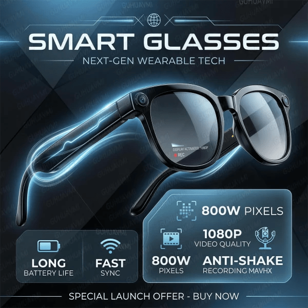 Gafas Inteligentes con IA, Cámara HD 1080P, Grabadora de Video, Auriculares Inalámbricos Bluetooth 5.4, Resistentes al Agua IP65, Deportivas, para Hombre y Mujer