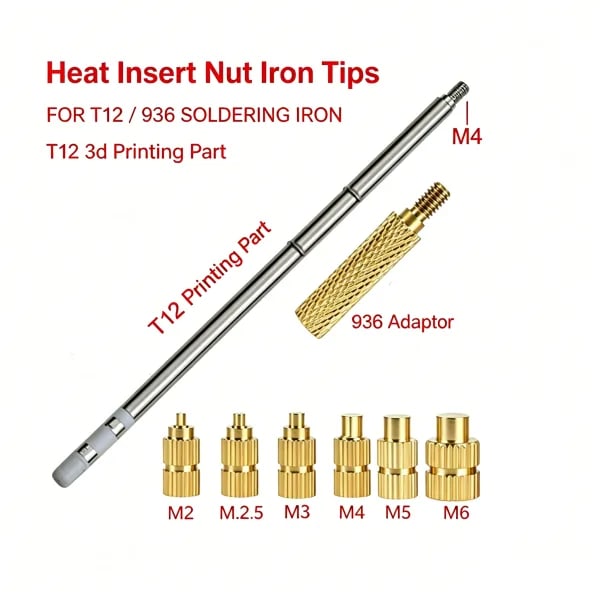 Puntas Adaptadoras para Inserción de Tuercas Termofusibles M2-M6 para Soldador T12, Accesorios para Impresión 3D