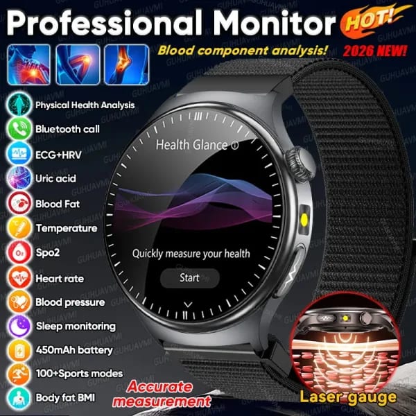 Nuevo Reloj Inteligente 2026 para Examen Físico, Salud, ECG, Ácido Úrico, Lípidos, Presión Arterial, Llamadas Bluetooth, Compatible con Android e iOS