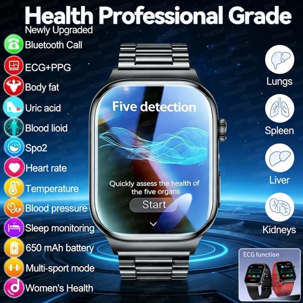 Reloj Inteligente de Salud con Análisis de Cinco Órganos, Modelo 2026, Grasa Corporal, Ácido Úrico, ECG, Presión Arterial, Llamadas, para Hombres y Mujeres