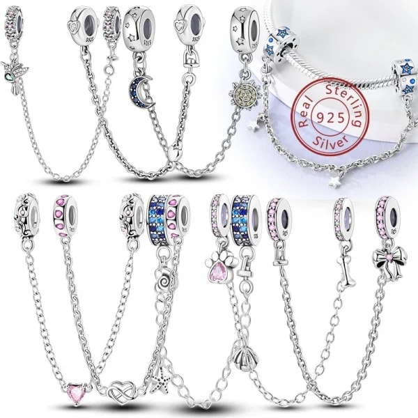 Dijes de cadena de seguridad compatibles con abalorios de plata esterlina 925 originales, cadena de seguridad con forma de corazón, Luna, estrella, mariposa, regalo de joyería para mujer