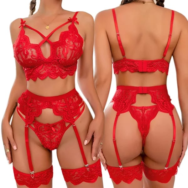 Lencería erótica Sexy para mujer, sujetador y bragas, ligas, 3 uds., conjuntos de lencería transparente, conjunto de ropa interior Sexy para mujer, disfraces sexys para mujer