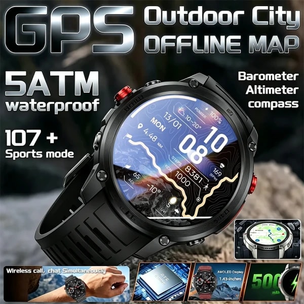 Reloj inteligente deportivo con GPS, brújula para natación, 10 ATM, pantalla AMOLED de 1,46 pulgadas, frecuencia cardíaca, llamadas Bluetooth, reloj para exteriores, compatible con IOS y Android, recién actualizado.