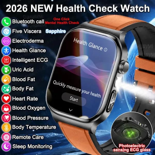Reloj Inteligente 2026 con Diagnóstico Preciso, Medición de Grasa Corporal, ECG, Oxígeno en Sangre, Presión Arterial, Pantalla AMOLED HD, Llamadas, para Hombre y Mujer