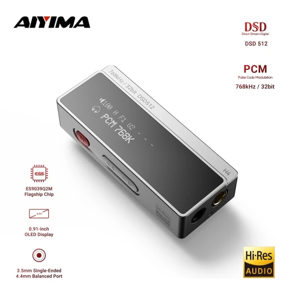 AIYIMA H4 HIFI Amplificador de auriculares portátil USB DAC AMP ES9069Q PCM768 DSD512 Salida de 4,4 mm equilibrada/salida Jack de 3,5 mm Pantalla OLED