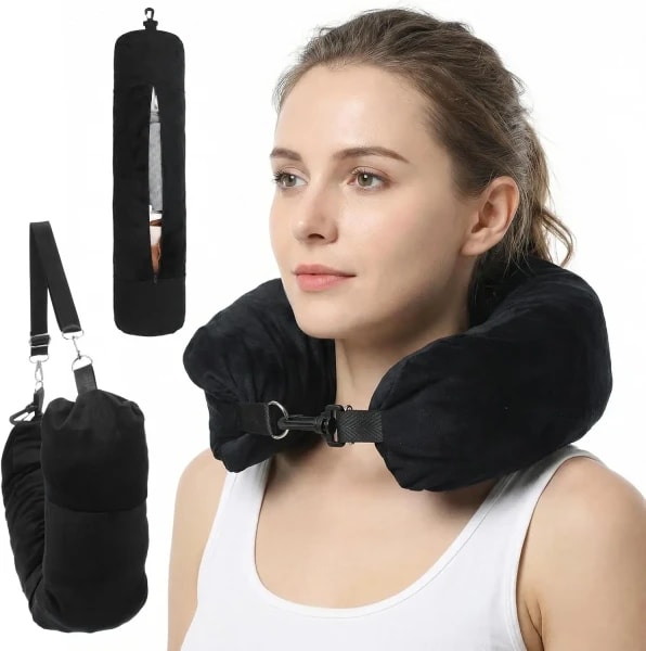 Almohada de viaje rellenable, puede contener ropa, funda de almohada, tela de licra, almohada portátil para viaje.