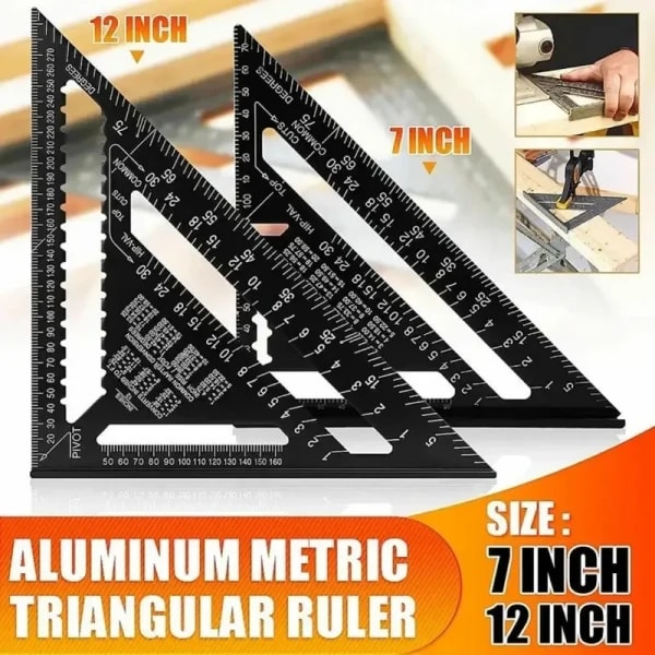 Herramienta de Medición Cuadrada de 7''/12'', Regla Triangular de Aleación Metálica, Transportador para Trabajos de Carpintería