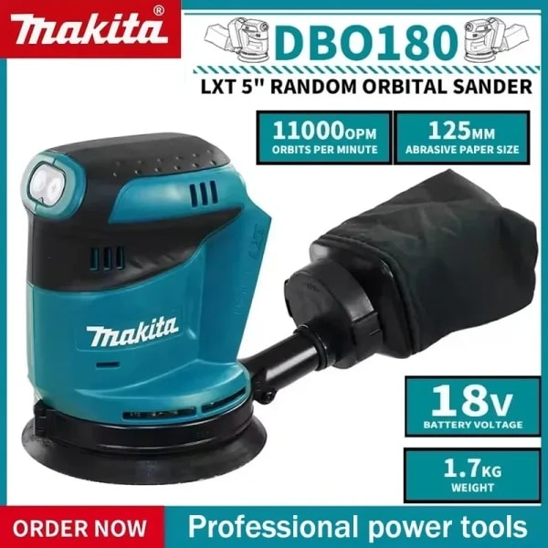 Lijadora Orbital Aleatoria Inalámbrica Makita DBO180Z de 18V para Pulir Masilla y Trabajos en Madera - Herramienta Sola para Uso Profesional y Bricolaje