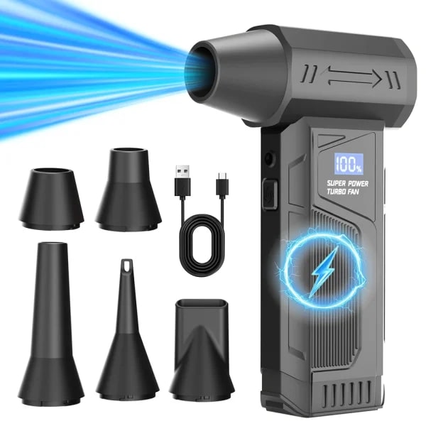 【Nuevo 2026】Ventilador de chorro inalámbrico con motor sin escobillas, soplador de aire turbo para limpieza de coches con 5 boquillas, pantalla digital, portátil para uso en exteriores