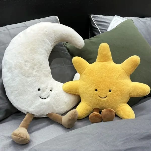 Adorable cara sonriente, Luna blanca, sol amarillo, peluche, lindo juguete de peluche meteorológico de dibujos animados para decoración de dormitorio de niños, almohada para sofá