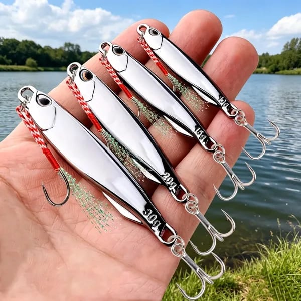Lote de 10 señuelos de metal fundido tipo cuchara de 15g, 20g, 30g, 40g con anzuelo para pesca de jigging, lubina y otros peces, cebo artificial.