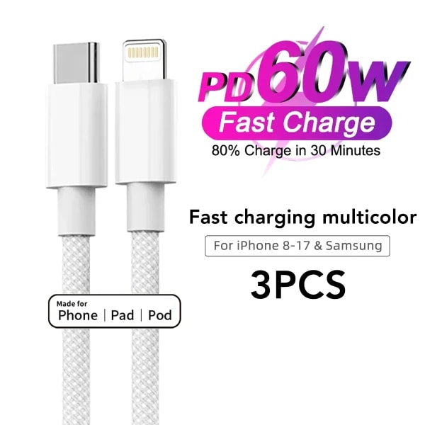 Cable USB-C a Tipo C de Carga Rápida de 60W con Trenzado de Nailon, Cable de Color PD para iPhone 13 14 Pro Max 11 12 XR XS Max Plus Samsung, Sincronización de Datos