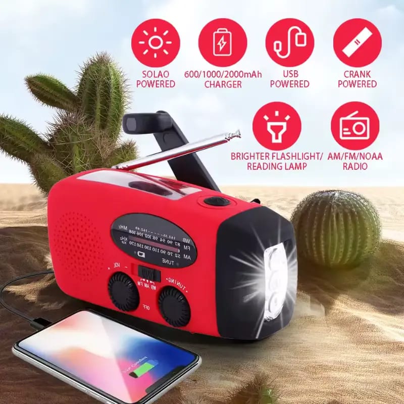 Radio emergencia 2000 mAh con luces LED y carga Solar USB