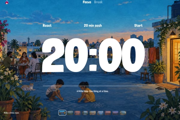 A little time — Pomodoro timer over an illustrated Bengaluru rooftop