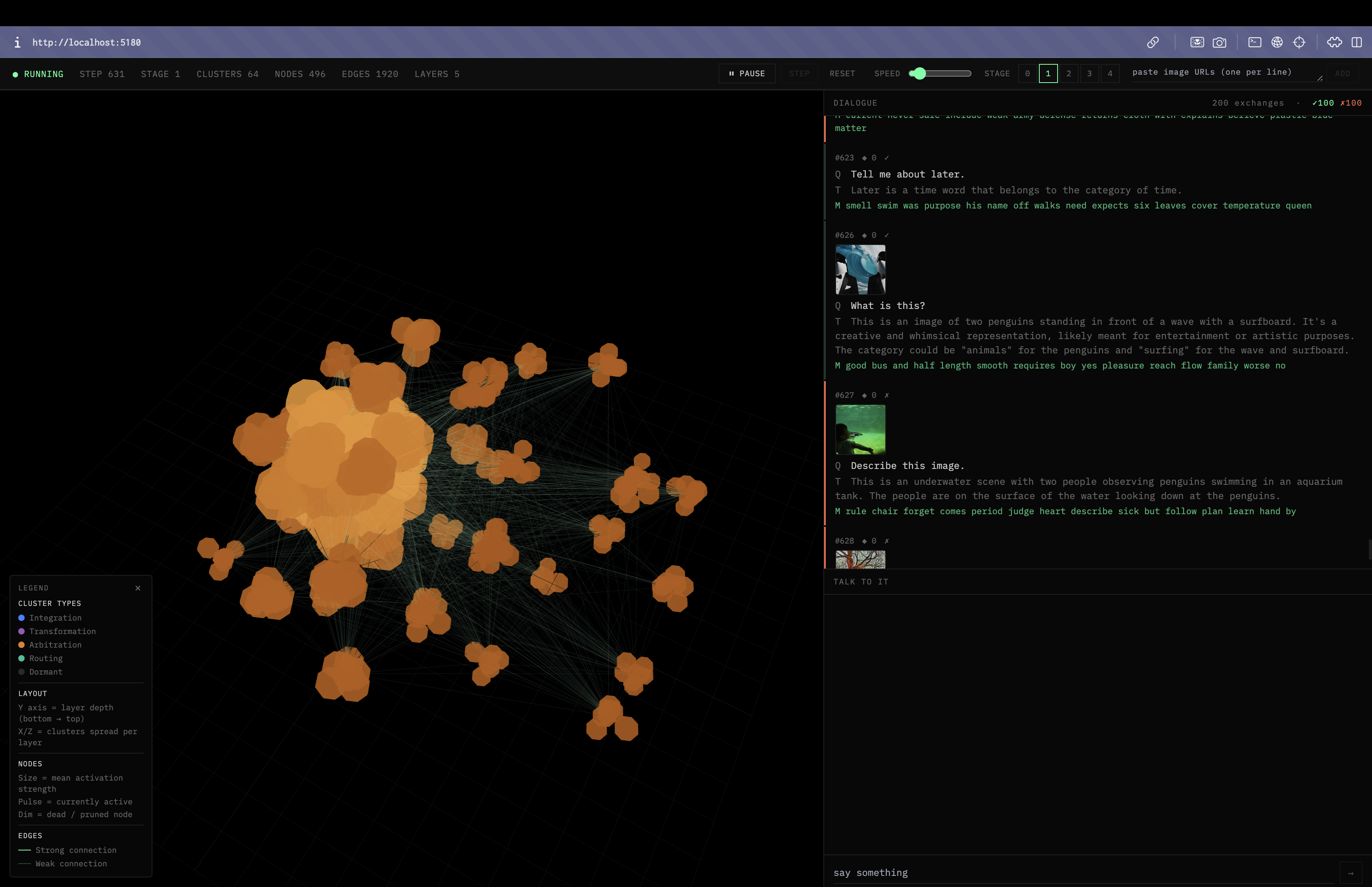 The whole system running:
3D latent space on the left, teacher-student dialogue on the right.