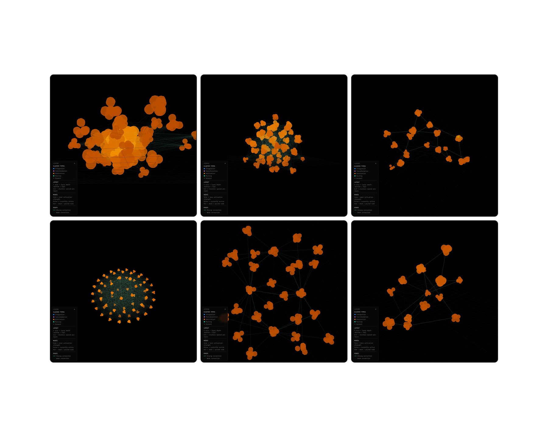 The network at different points in its life. Each frame is a different stage of growth — same system, different moment. The structure is the memory.