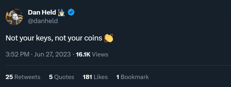 A tweet from a crypto influencer reminding us that if you don