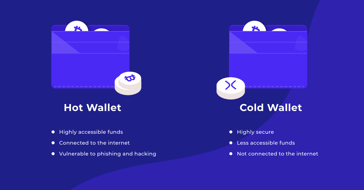 A graphic describing the differences between hot and cold crypto wallets