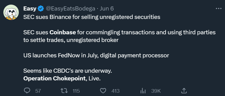 A tweet talking about the SEC suing Binance and the beginnings of a CBDC