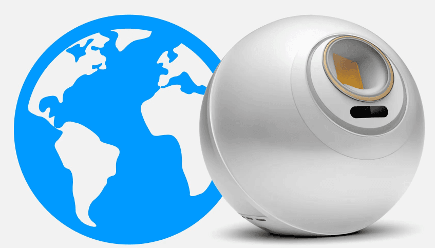 a picture of a globe and a WorldCoin iris scanning Orb device