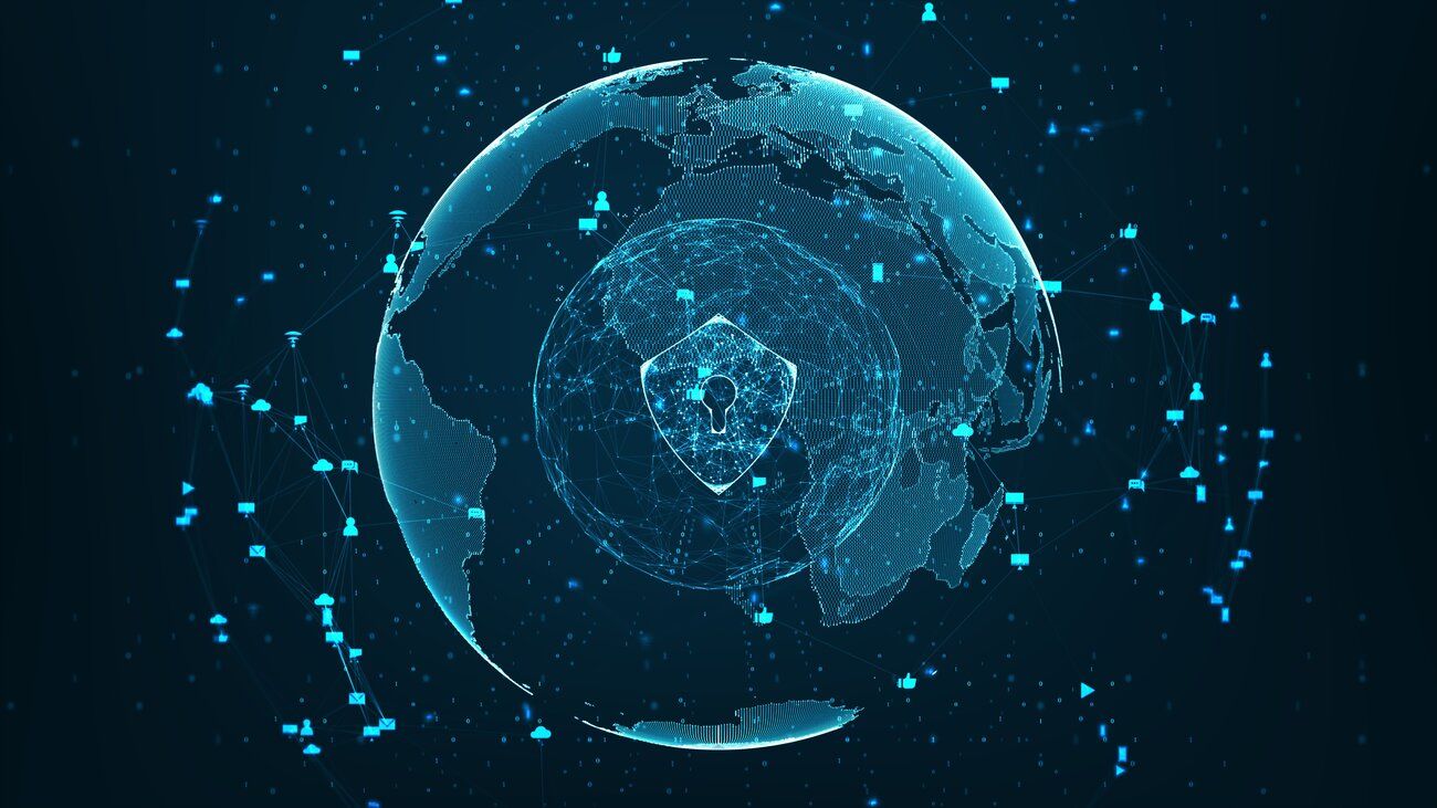 a digital globe surrounded by blockchain network nodes and a shield and lock in the center