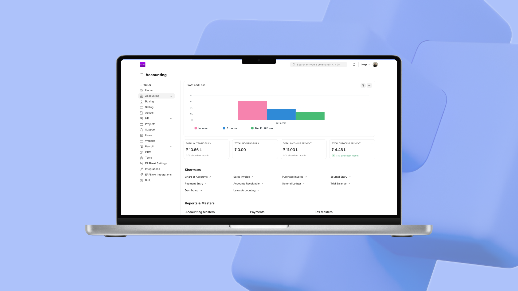Customized ERP accounting dashboard