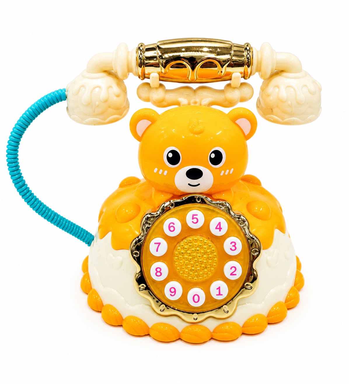 Cute Yellow Bear Rotary Telephone Toy with Flashing Lights and Sound Effects for Kids
