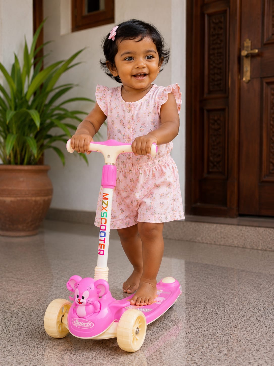 Cute Pink Bear-Themed 3-Wheel Kids Scooter with Adjustable Handlebar & LED Wheels